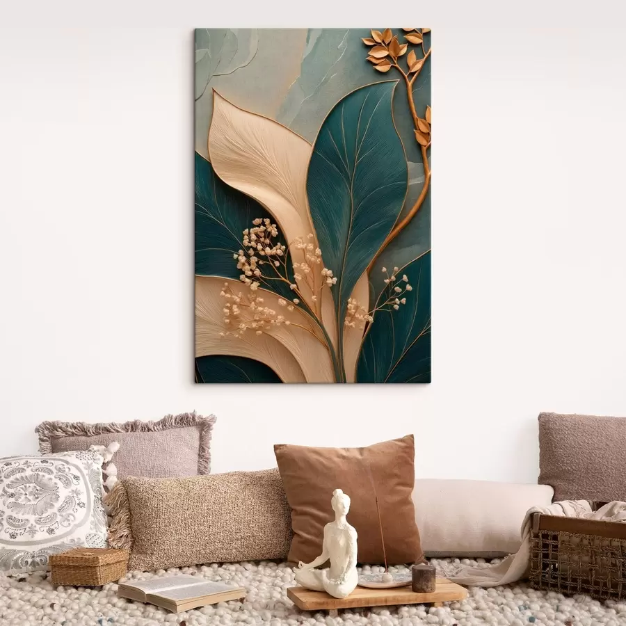 murales de pared Hojas grandes de color turquesa y crema con ramitas pequeñas s50451