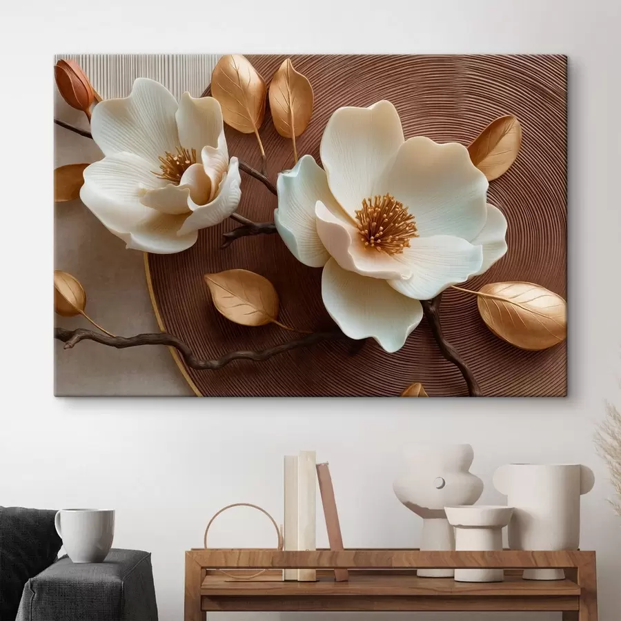 murales de pared Flores blancas con efecto tridimensional y hojas en tonos bronce s50453
