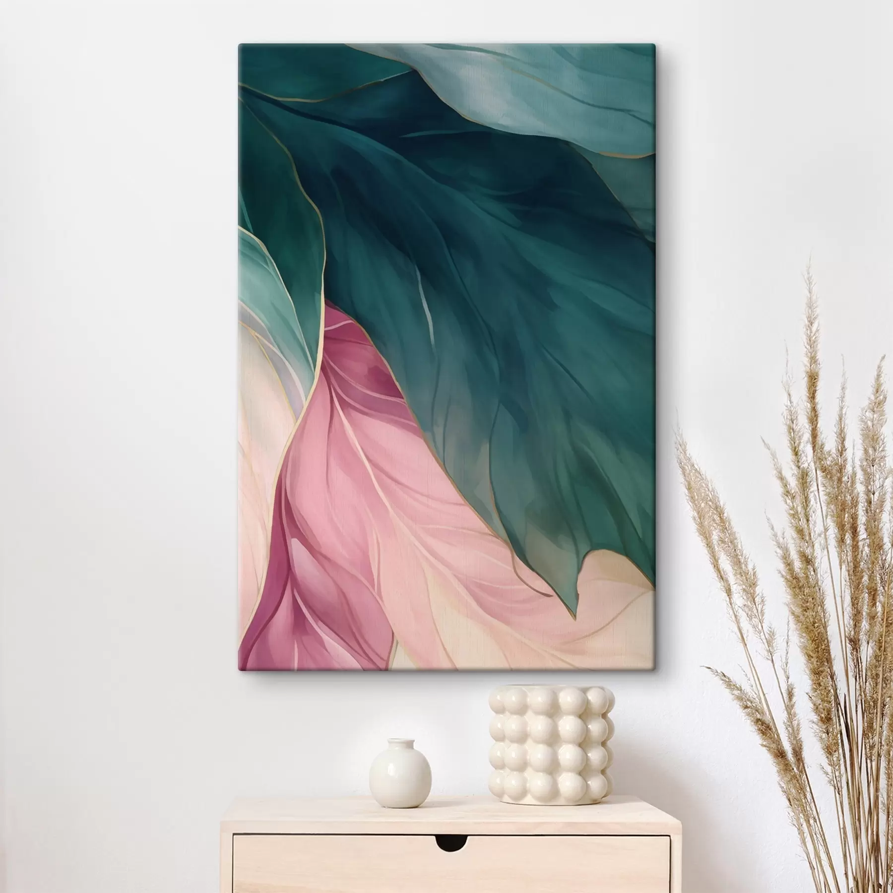 murales de pared Hojas de color turquesa intenso y rosa empolvado s50386