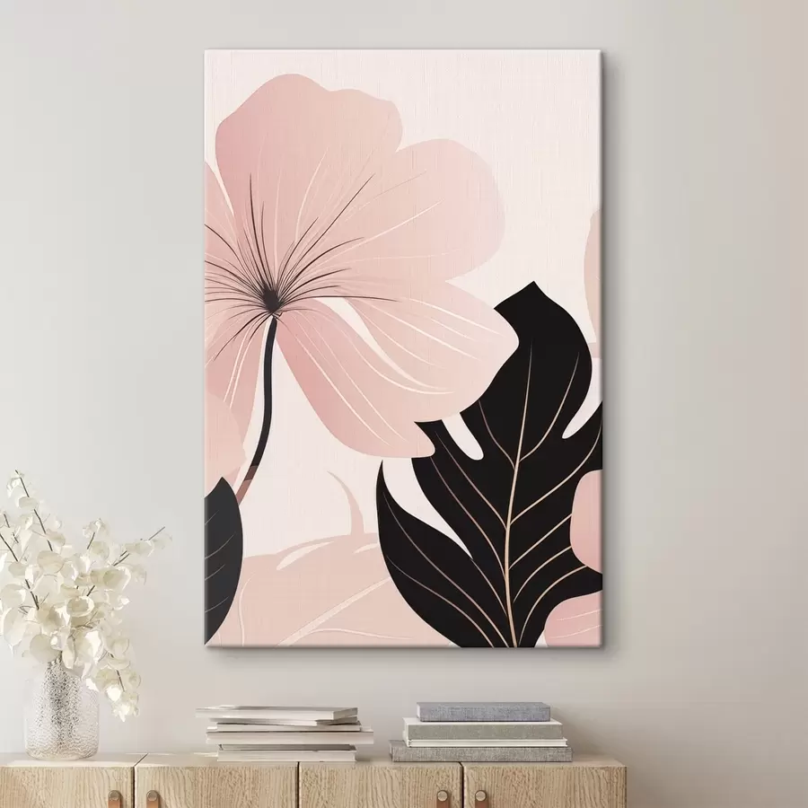 murales de pared Flor rosa con hoja con detalles en negro s50389