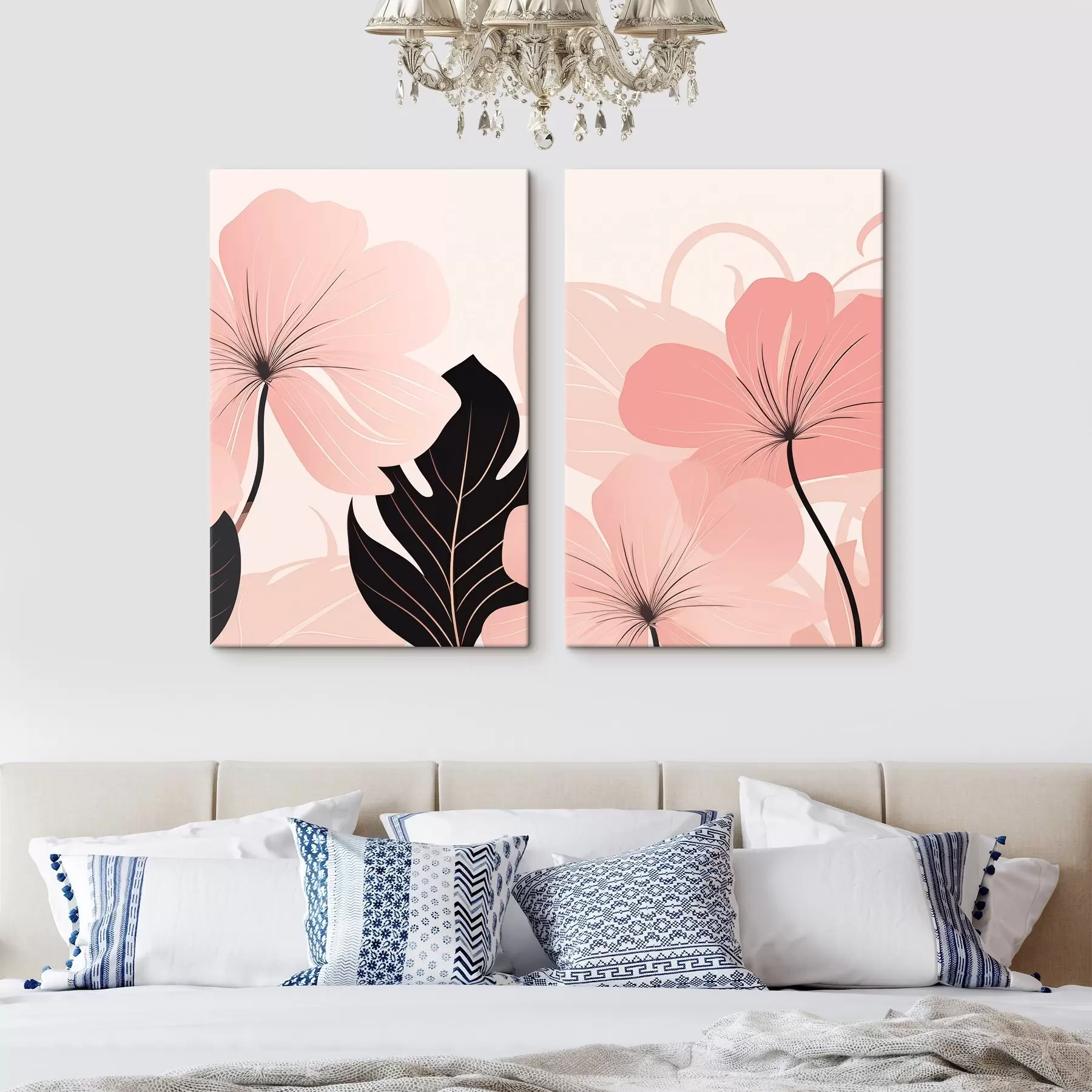 murales de pared Flores rosas y hojas con motivos gráficos m30902