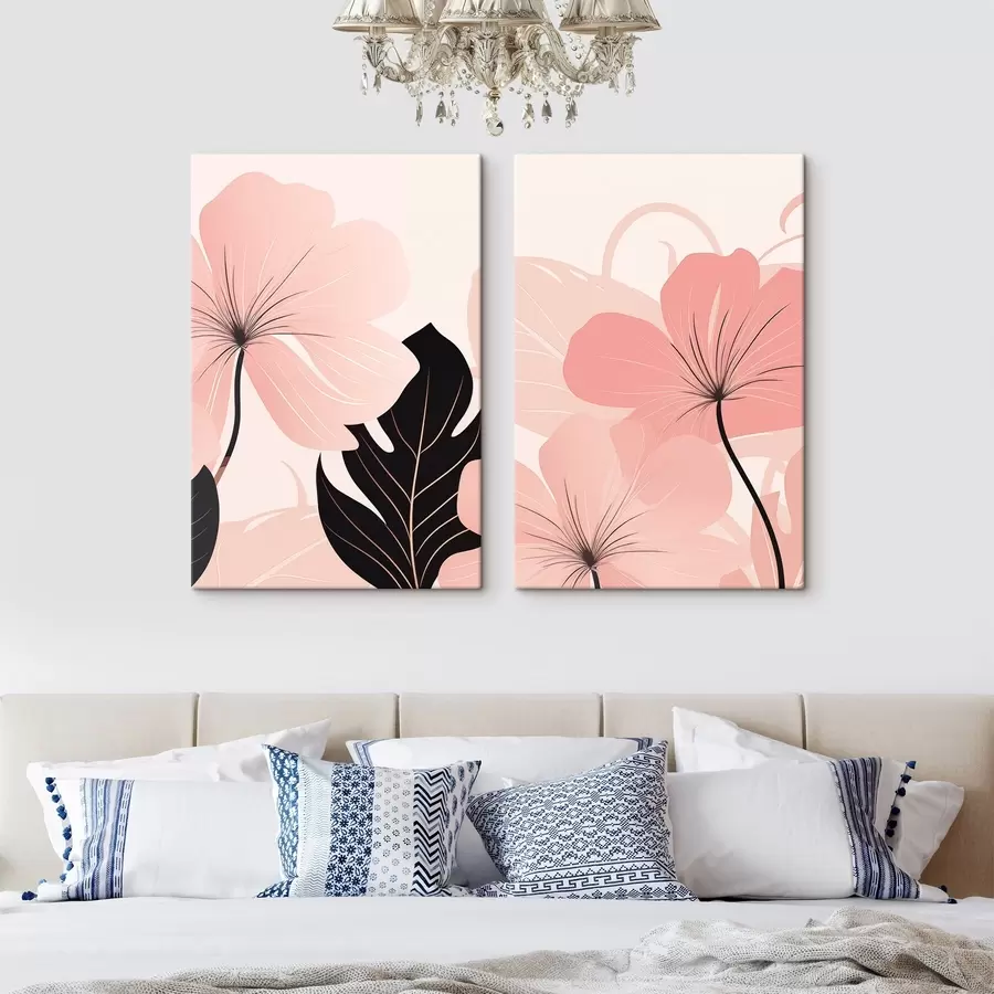 murales de pared Flores rosas y hojas con motivos gráficos m30902