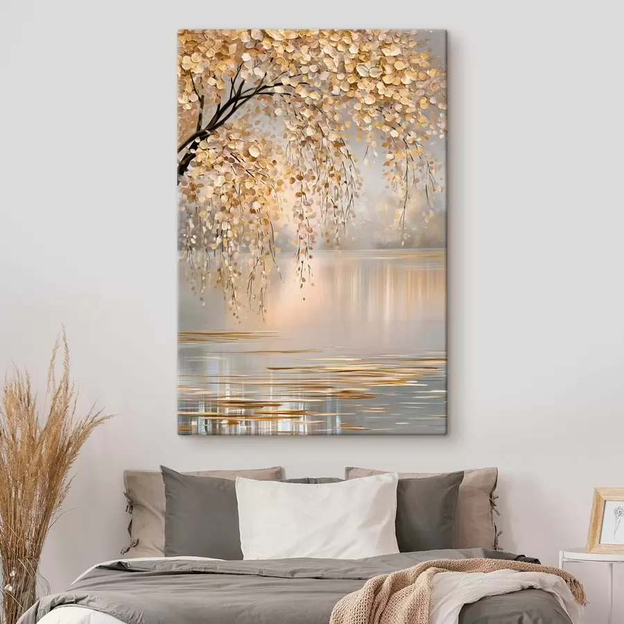 murales de pared Un árbol otoñal junto al lago, pintado al estilo del óleo s50471