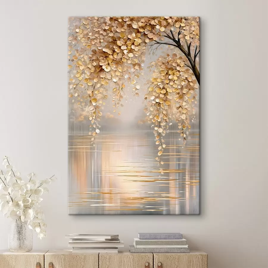murales de pared Un árbol otoñal junto al lago, pintado al estilo del óleo s50472