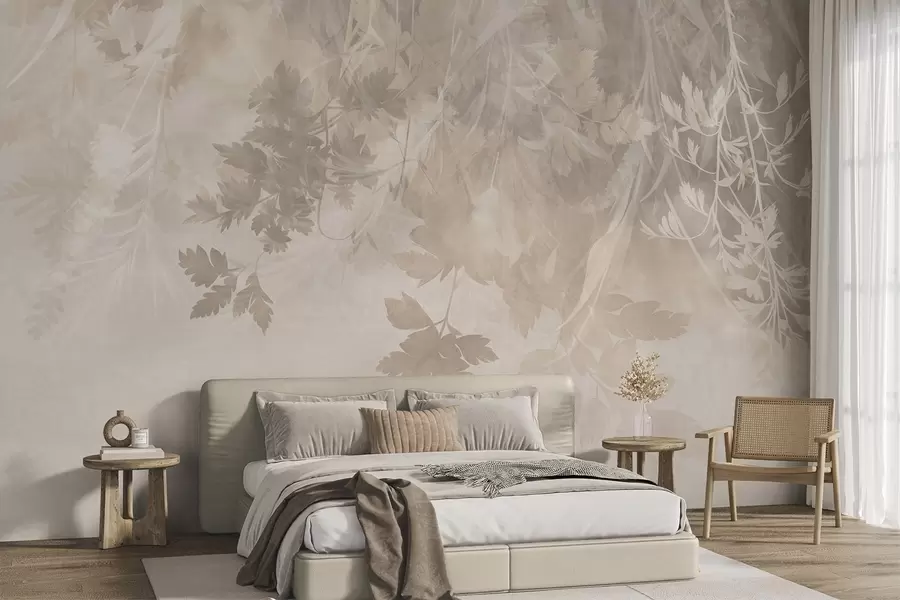 murales de pared Hojas y ramas con textura sobre un fondo beige suave y apagado w10020