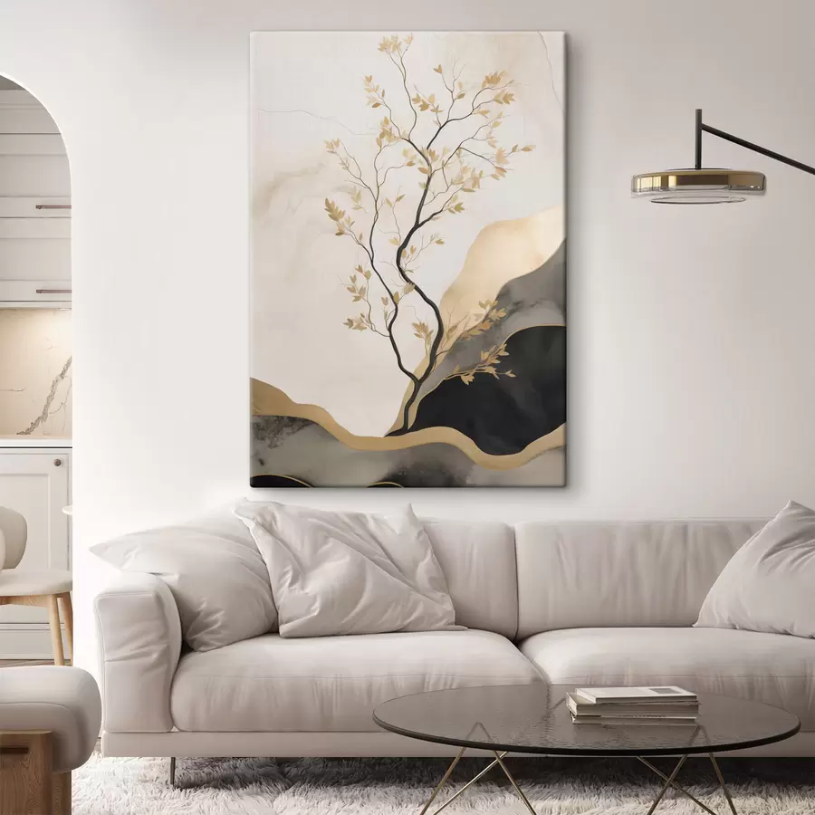 murales de pared Arte abstracto minimalista, un árbol y texturas fluidas en tonos beige y negros s50613