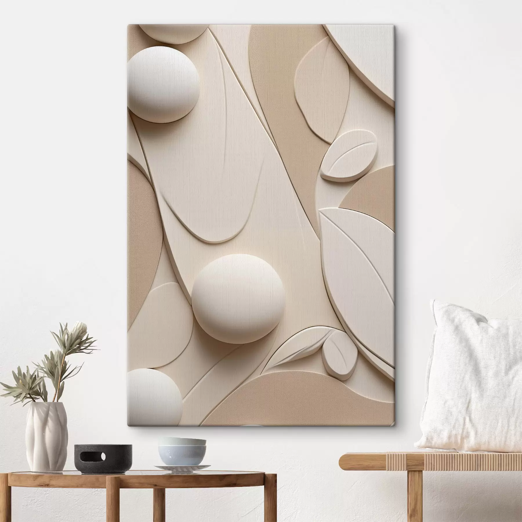 murales de pared Composición abstracta con formas orgánicas y esferas en tonos neutros s50616