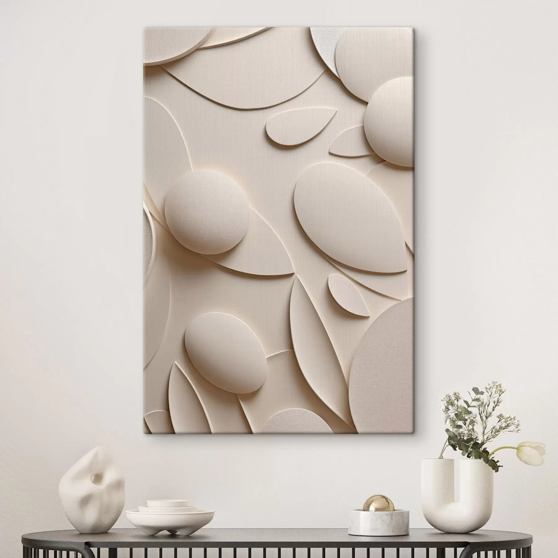 murales de pared Composición abstracta con formas orgánicas y esferas en tonos neutros s50617