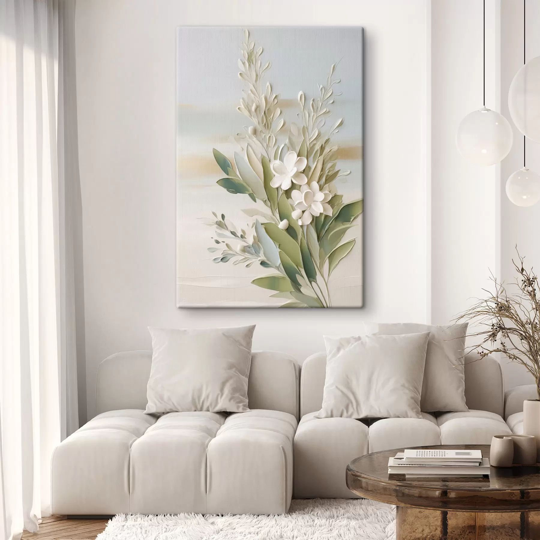murales de pared Flores blancas y hojas verdes sobre un fondo suave y con textura en tonos pastel s50618