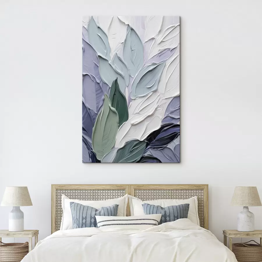 murales de pared Hojas abstractas, pinceladas con textura en tonos de blanco, azul pálido y verde s50623