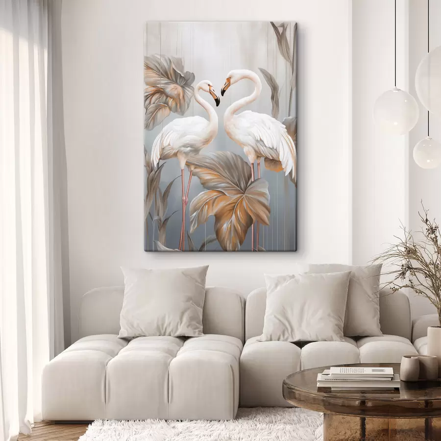 murales de pared Flamencos con hojas tropicales, colores pastel s50639