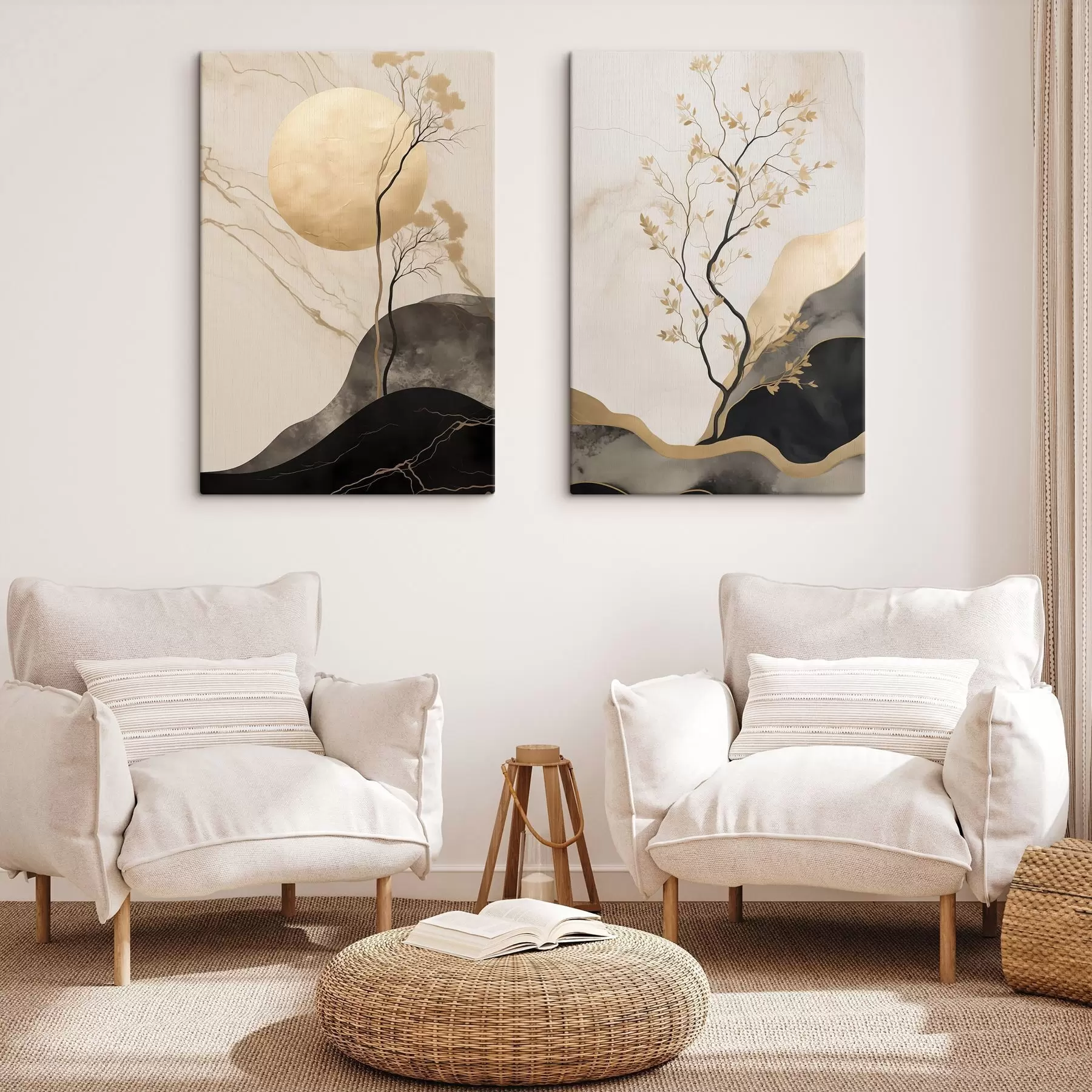 murales de pared Arte abstracto minimalista, un árbol y texturas fluidas en tonos beige y negros m30955