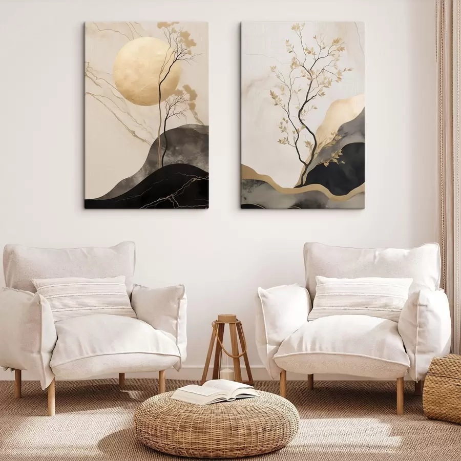 murales de pared Arte abstracto minimalista, un árbol y texturas fluidas en tonos beige y negros m30955