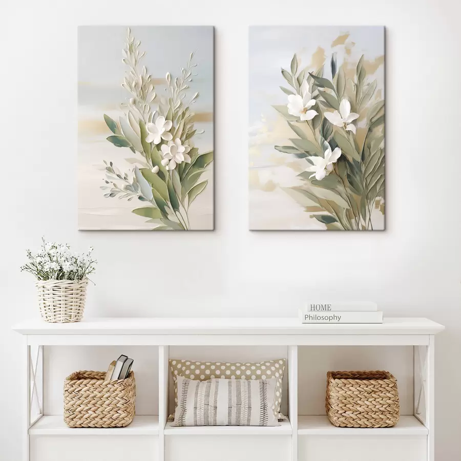murales de pared Flores blancas y hojas verdes sobre un fondo suave y con textura en tonos pastel m30958