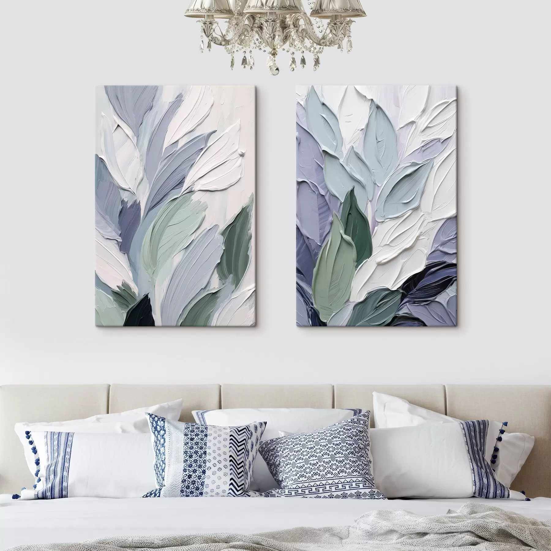 murales de pared Hojas abstractas, pinceladas con textura en tonos de blanco, azul pálido y verde m30960