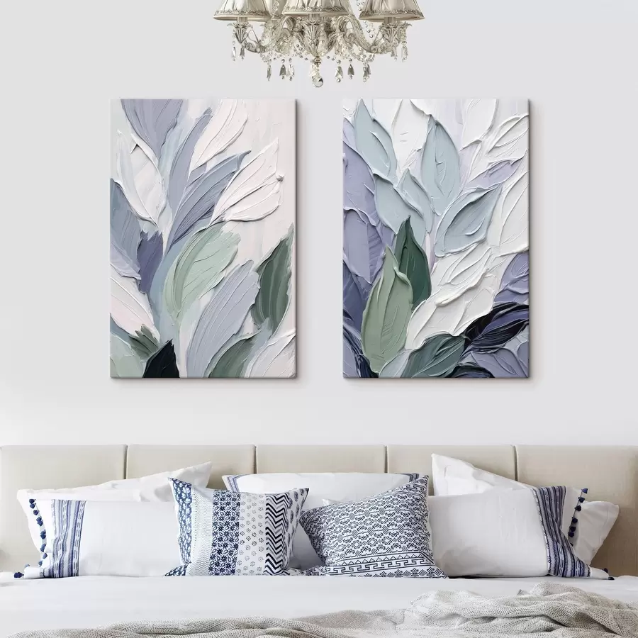 murales de pared Hojas abstractas, pinceladas con textura en tonos de blanco, azul pálido y verde m30960