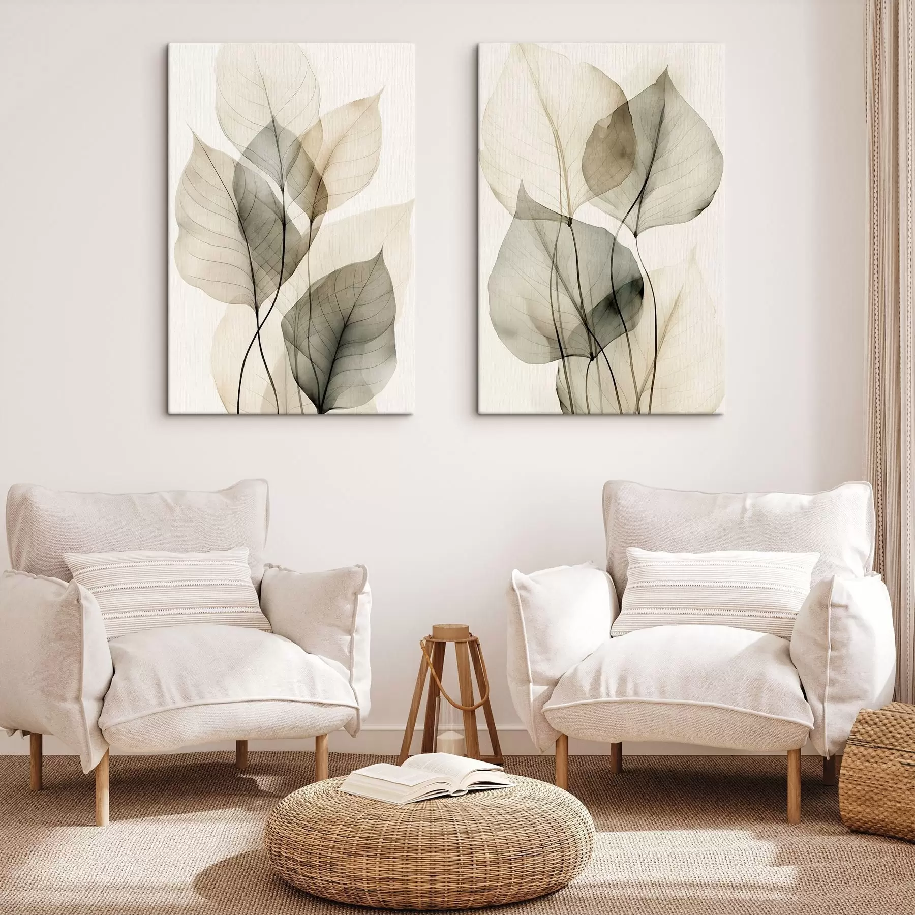 murales de pared Hojas transparentes con textura en tonos beige y gris, sobre un fondo claro m30961