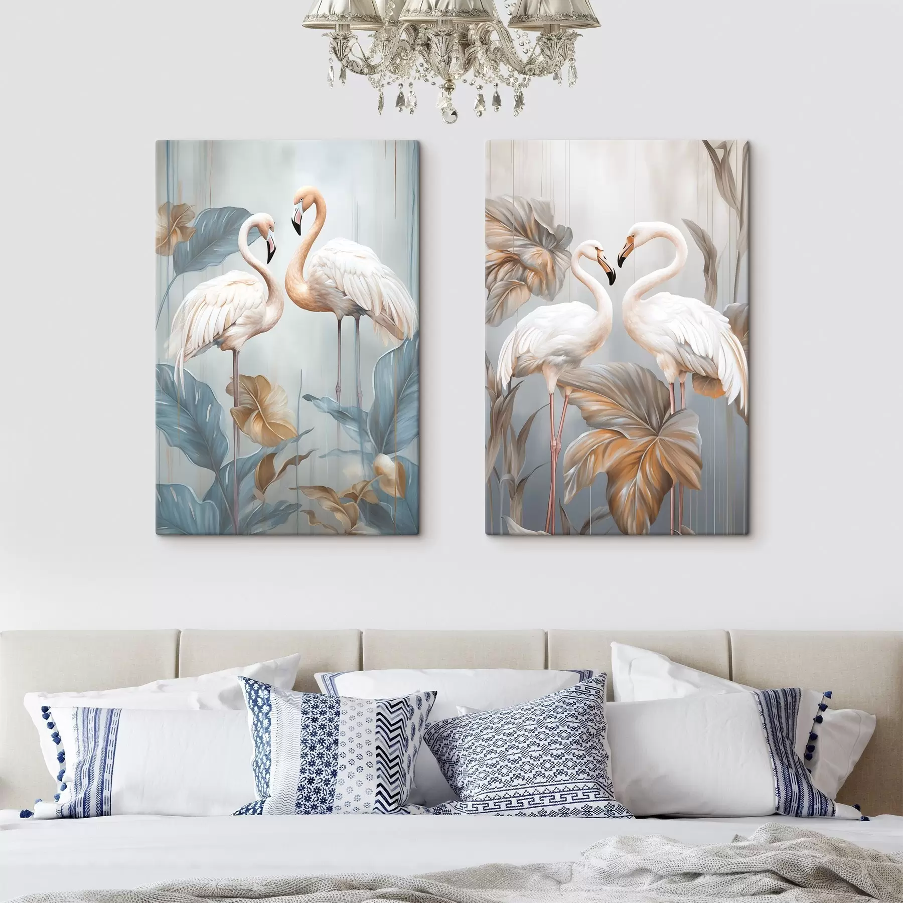 murales de pared Flamencos con hojas tropicales, colores pastel m30968
