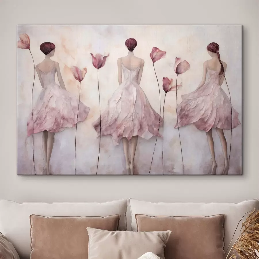 murales de pared Tres figuras femeninas con vestidos rosas entre flores s50582