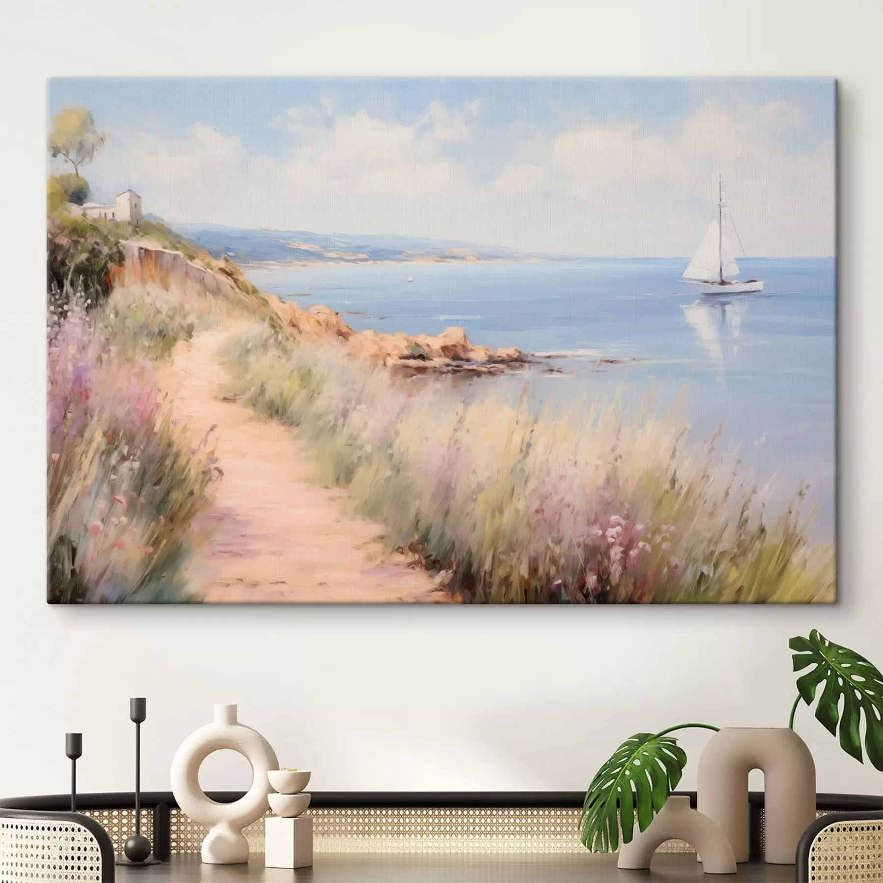 murales de pared Sendero costero con flores y un velero s50592