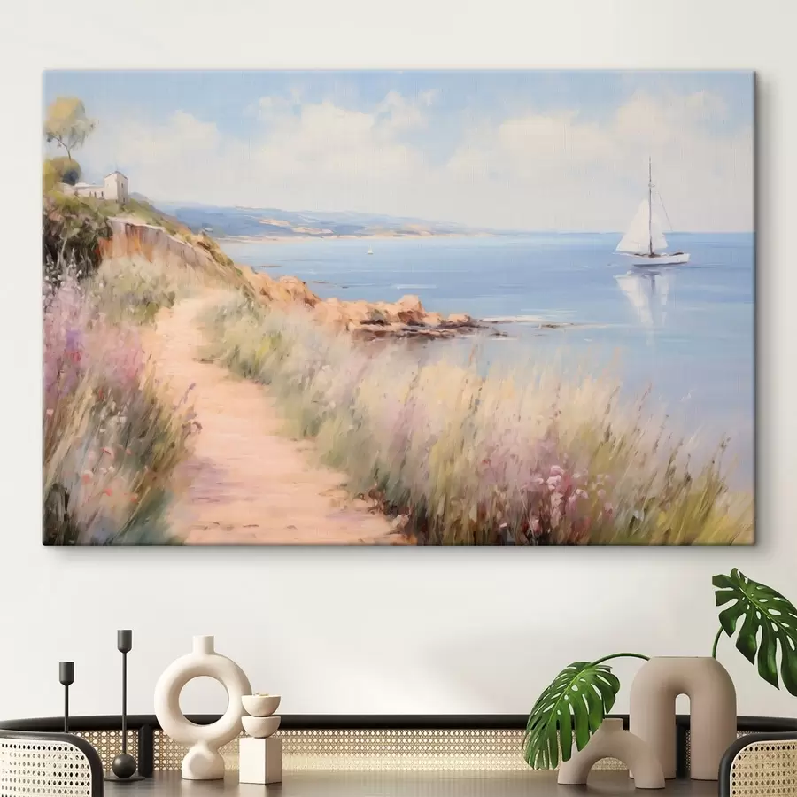 murales de pared Sendero costero con flores y un velero s50592