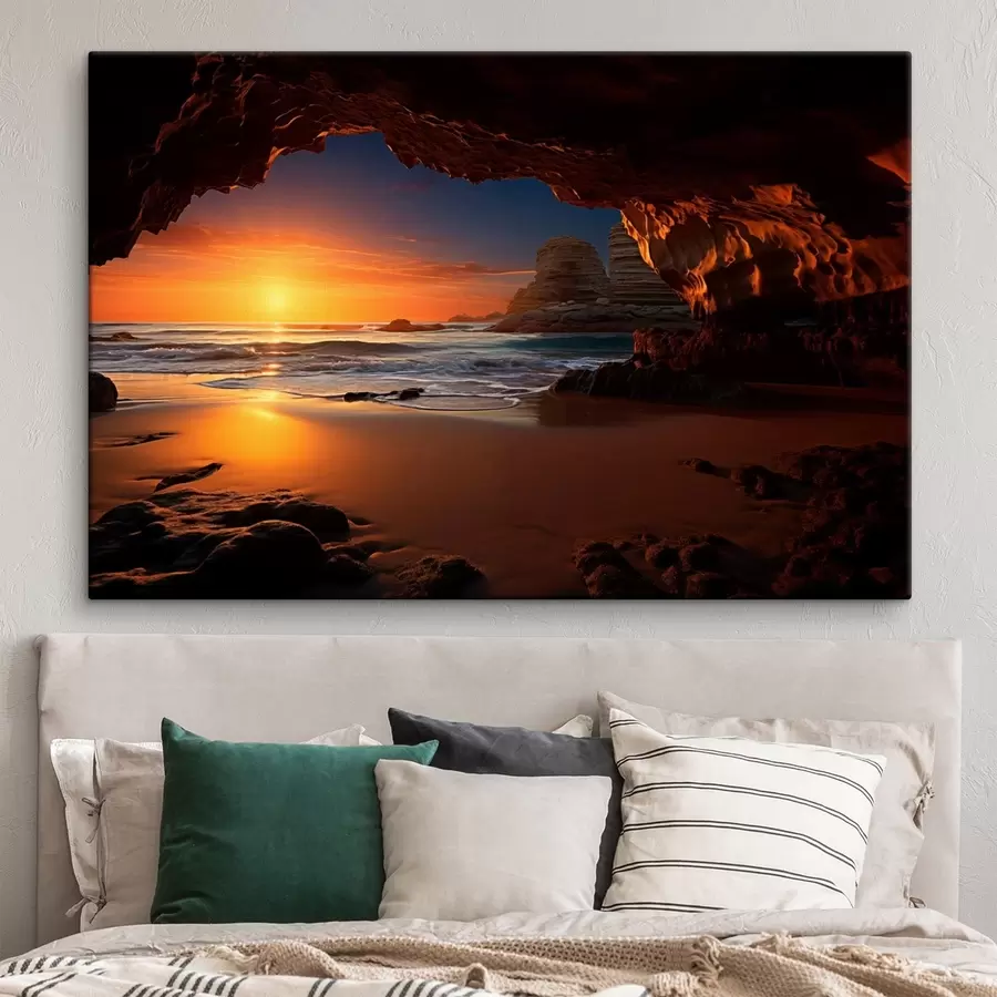 murales de pared Puesta de sol junto al mar enmarcada por una cueva rocosa s50594