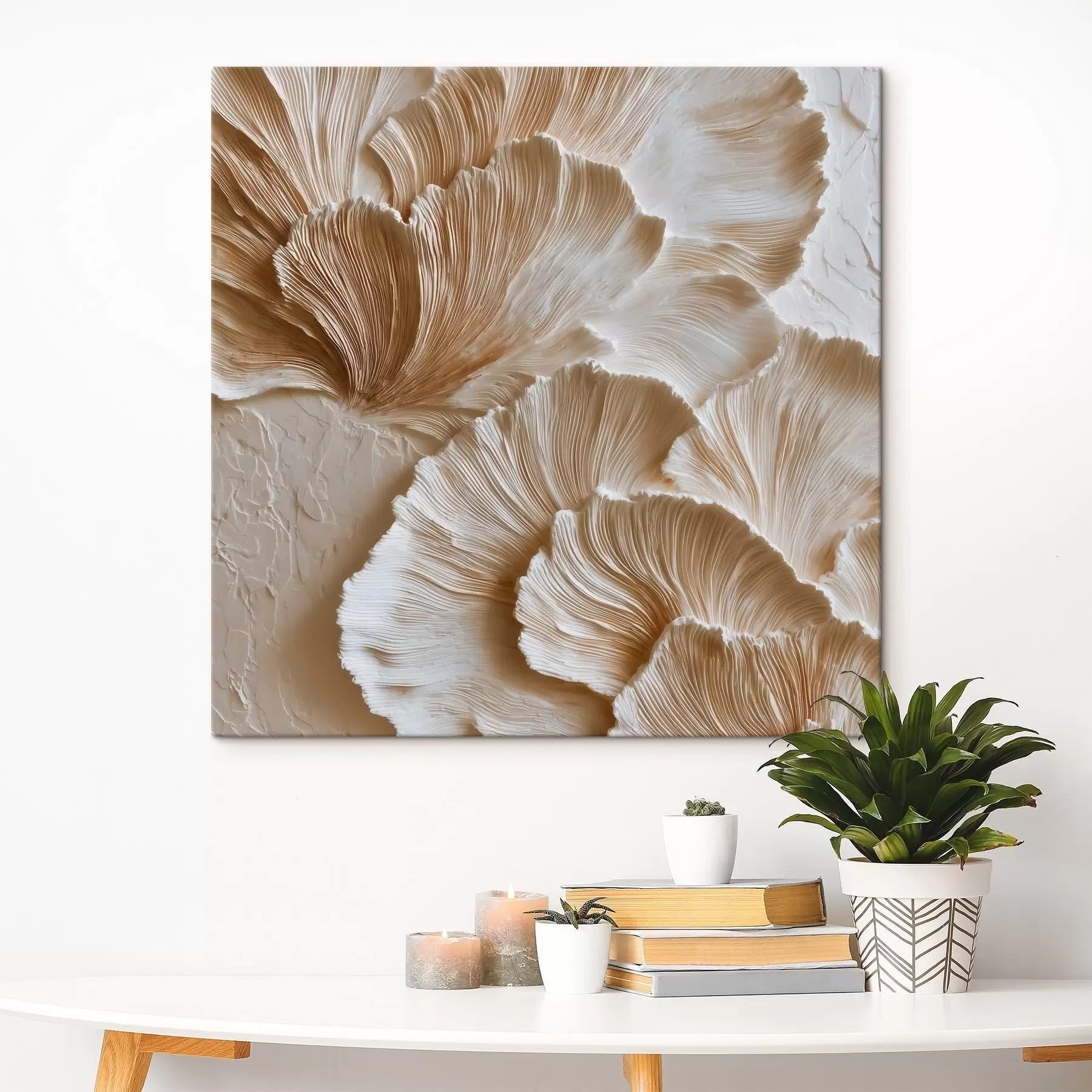 murales de pared Abstracción interior contemporánea con formas tridimensionales en forma de abanico en cálidos tonos beige s50004