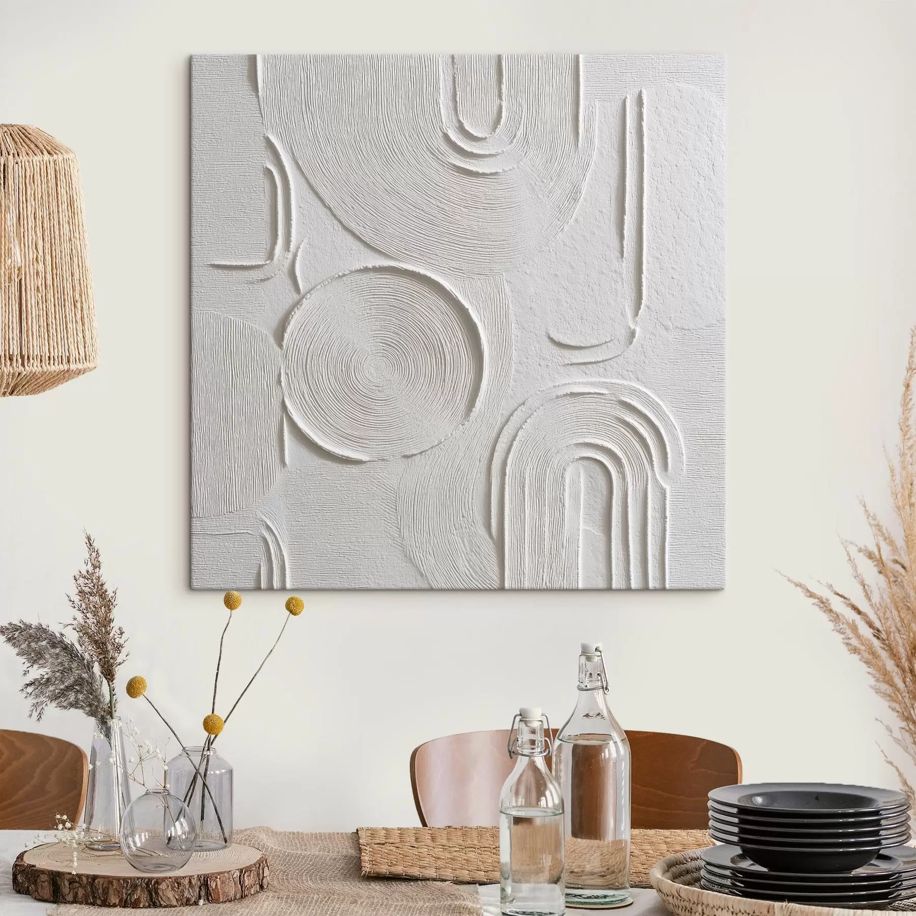 murales de pared Abstracción contemporánea en interiorismo con una superficie en relieve texturizada en una paleta de colores blancos y grises s50006