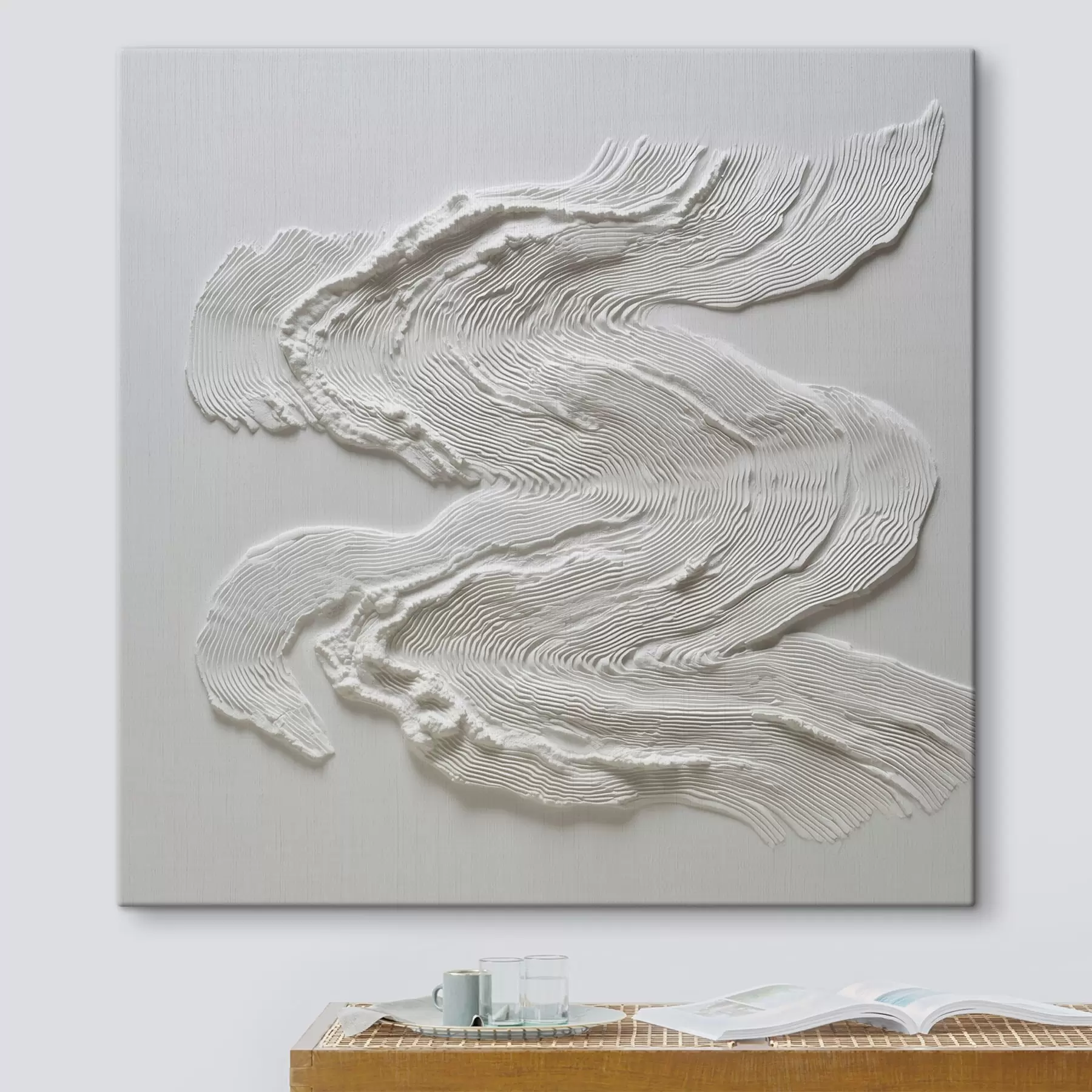 murales de pared Una abstracción ondulada y tridimensional con una textura lineal expresiva en blanco monocromático s50007