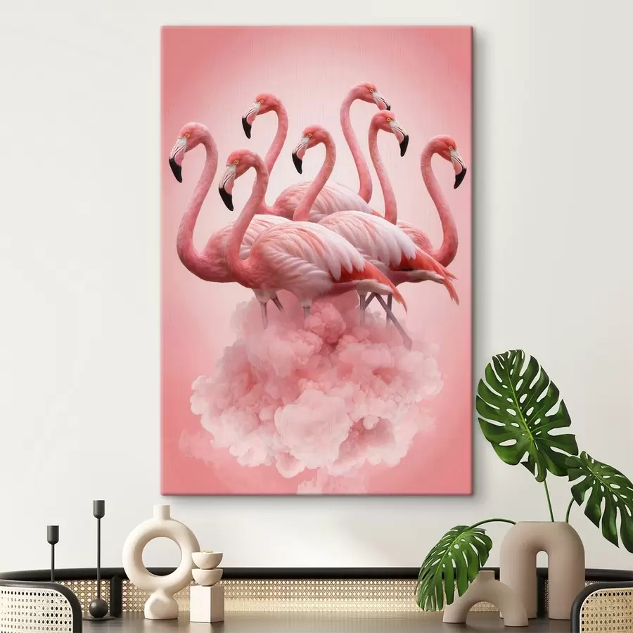 murales de pared Una composición de elegantes flamencos sobre una nube rosa en una paleta de colores pastel s50011