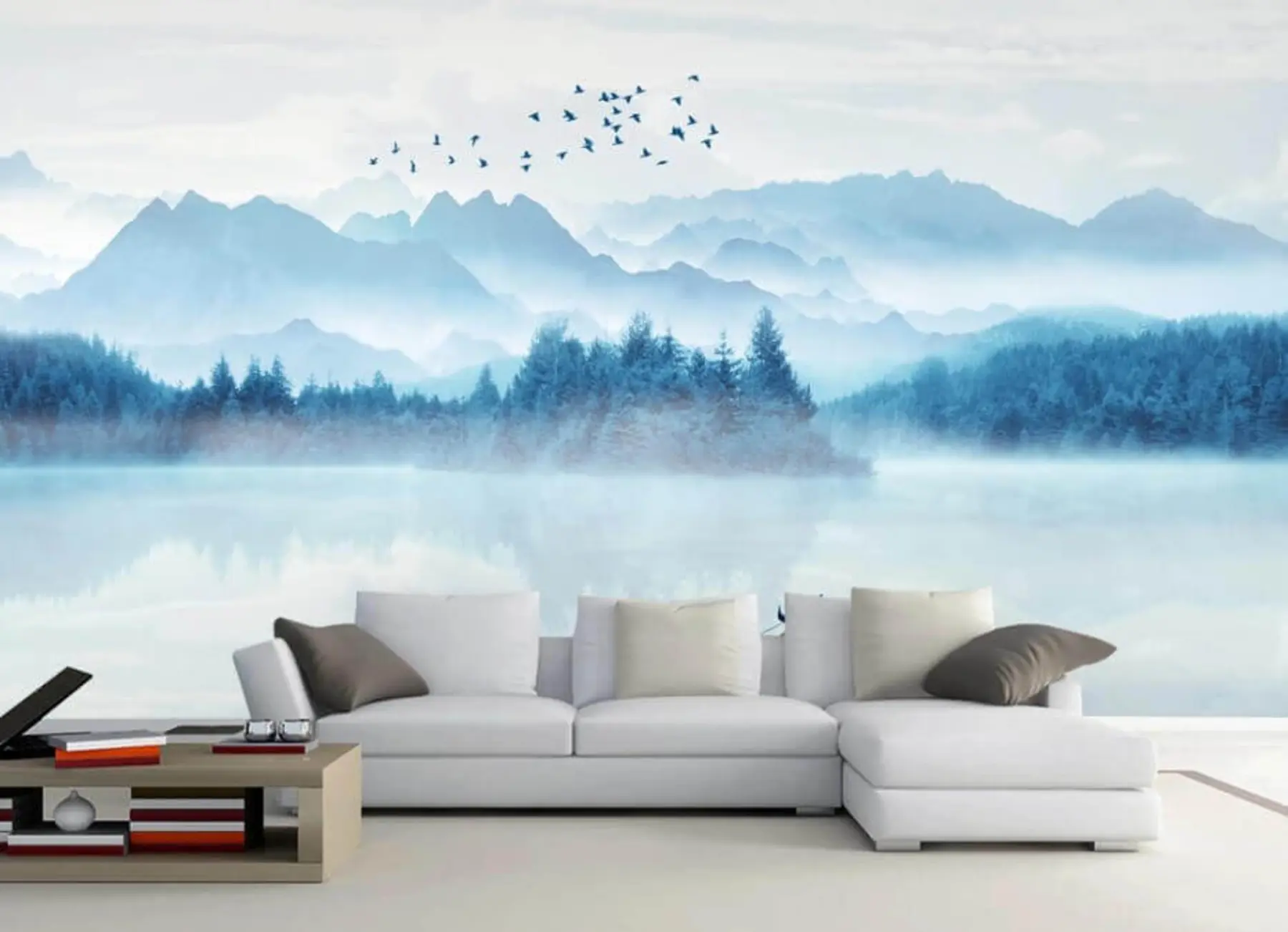 murales de pared Montañas, barco en un lago brumoso u32395