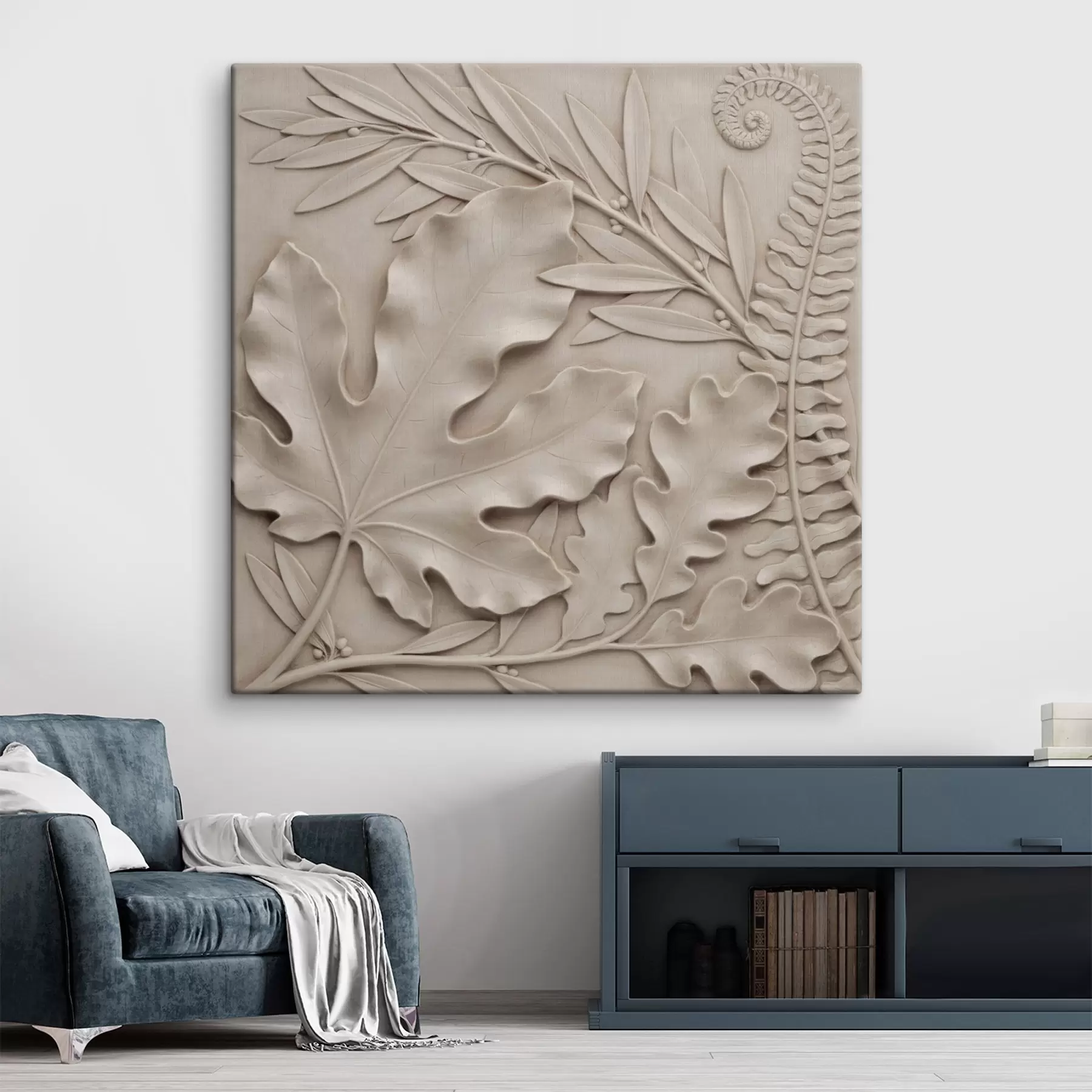 murales de pared Una composición botánica tridimensional con hojas y ramas texturizadas, realizada en estilo bajorrelieve s50013