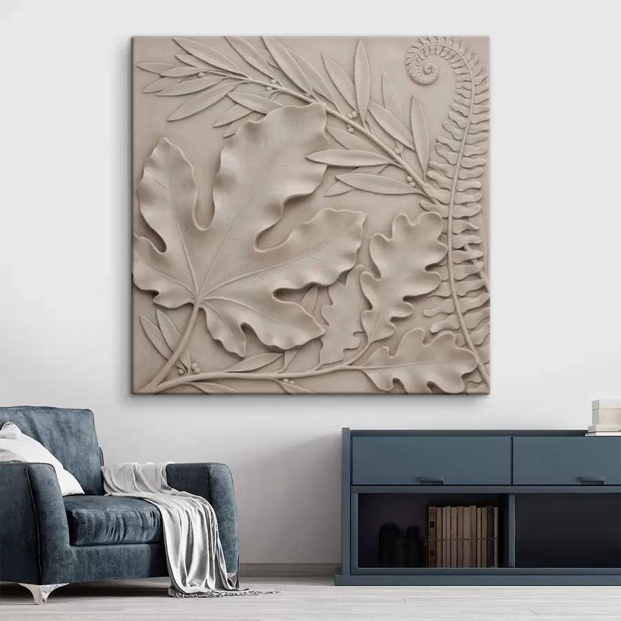 murales de pared Una composición botánica tridimensional con hojas y ramas texturizadas, realizada en estilo bajorrelieve s50013