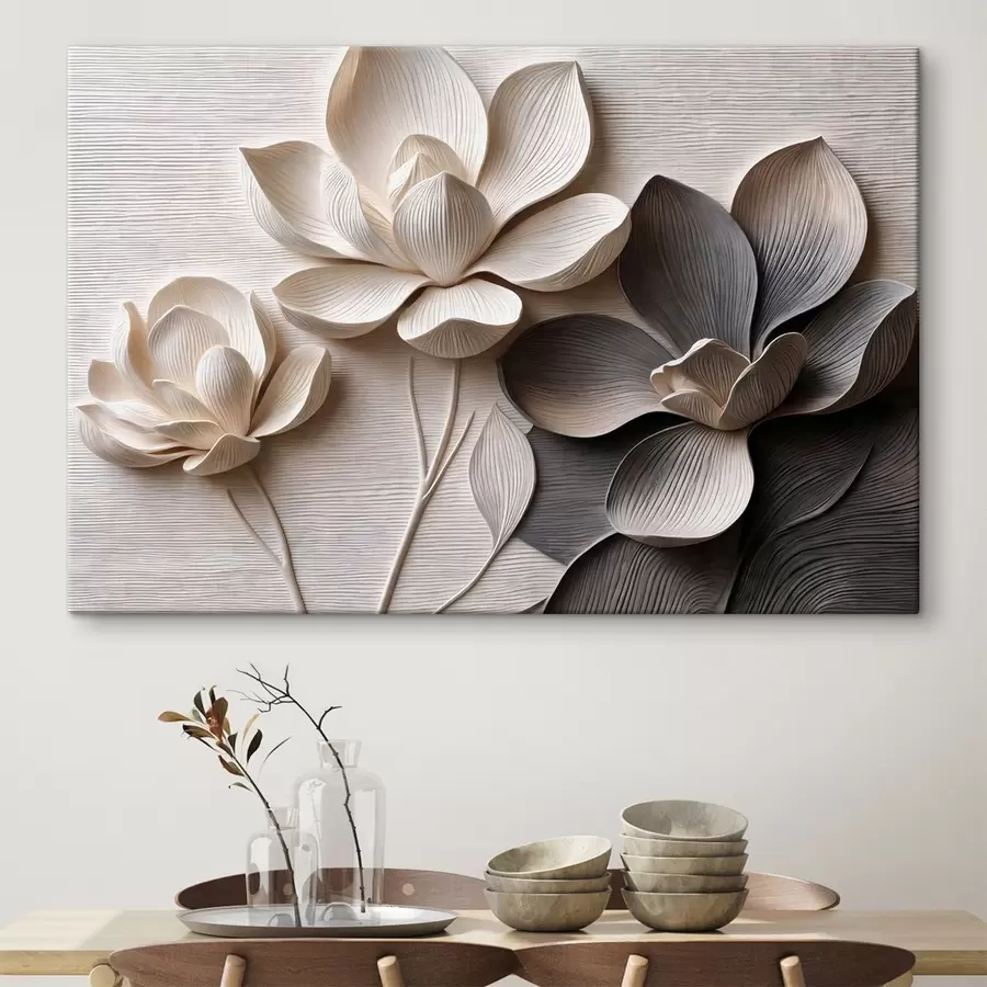 murales de pared Flores decorativas en relieve en tonos crema claro y grafito s50014