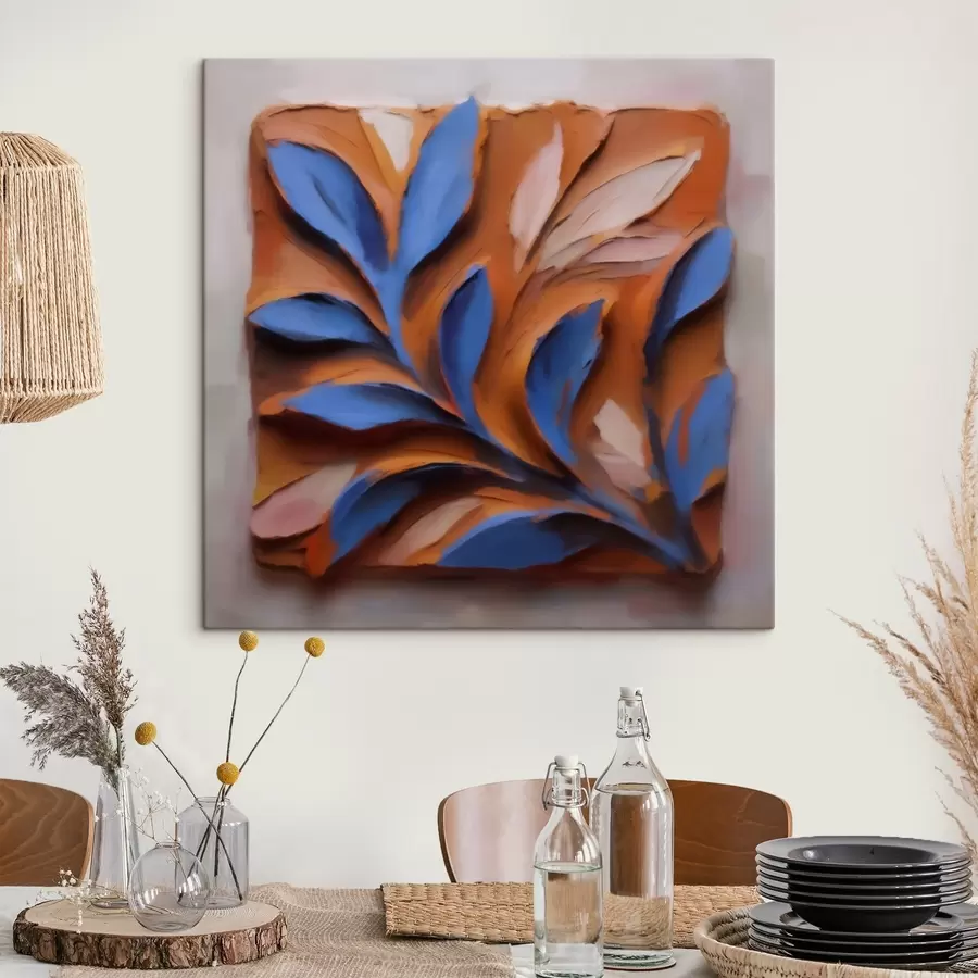 murales de pared Una composición botánica tridimensional con hojas azules sobre un fondo de terracota, realizada con la técnica del impasto. s50018