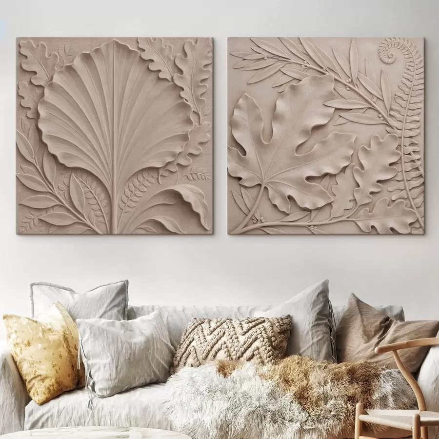 murales de pared Un díptico botánico tridimensional con hojas en relieve texturizadas en una paleta de tonos beige y arena m30762