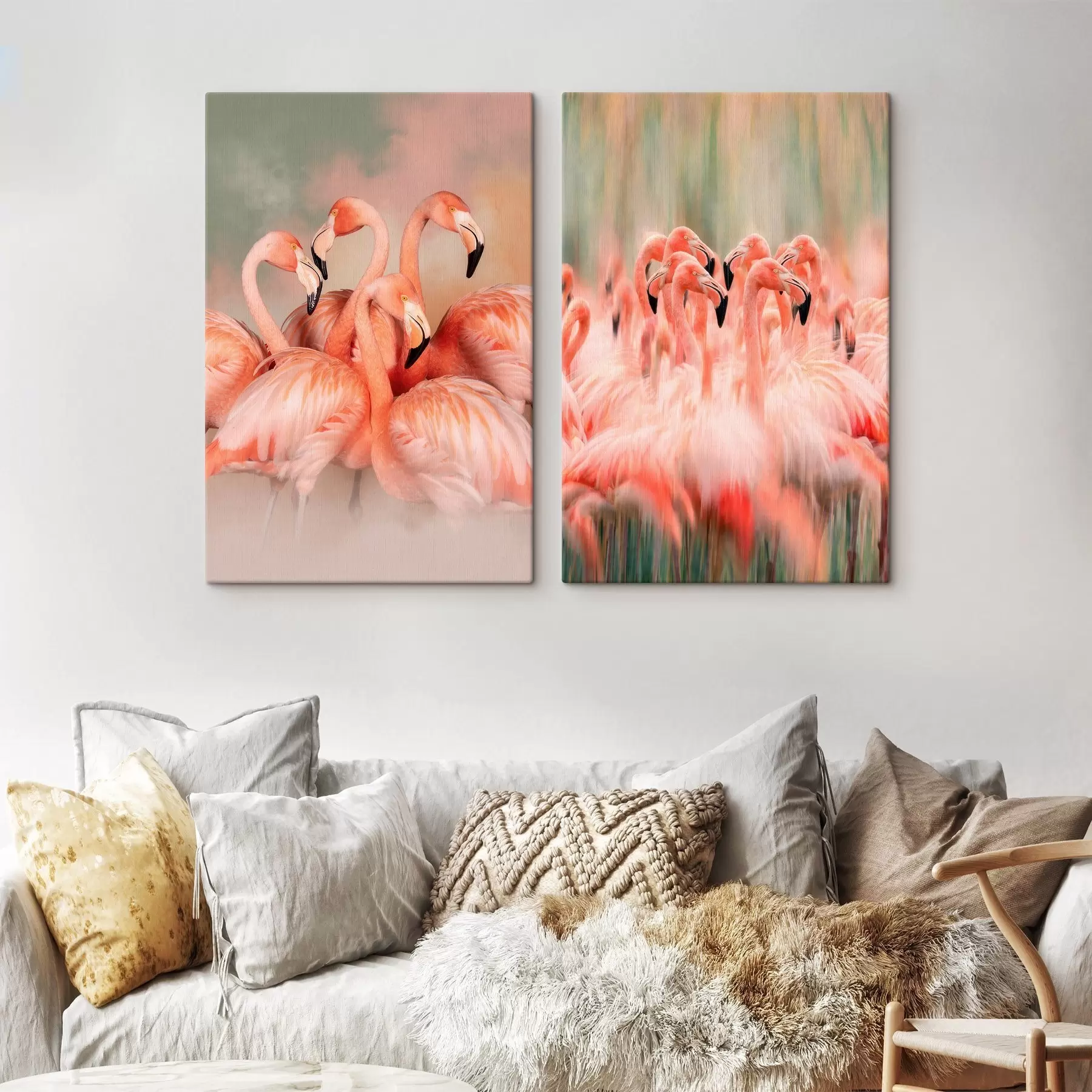 murales de pared Un díptico artístico con flamencos rosas en tonos pastel y con un efecto difuminado y brumoso m30763