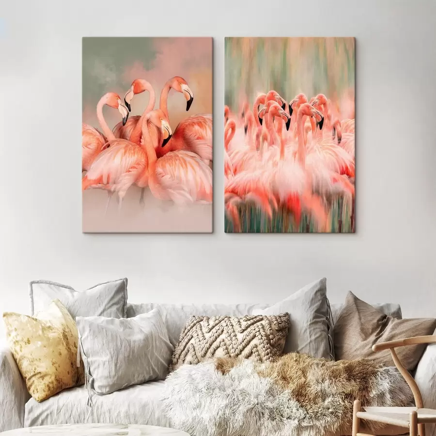 murales de pared Un díptico artístico con flamencos rosas en tonos pastel y con un efecto difuminado y brumoso m30763