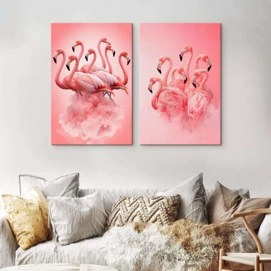 murales de pared Una composición en dos partes con flamencos de coral en un estilo de ilustración de arte contemporáneo m30764