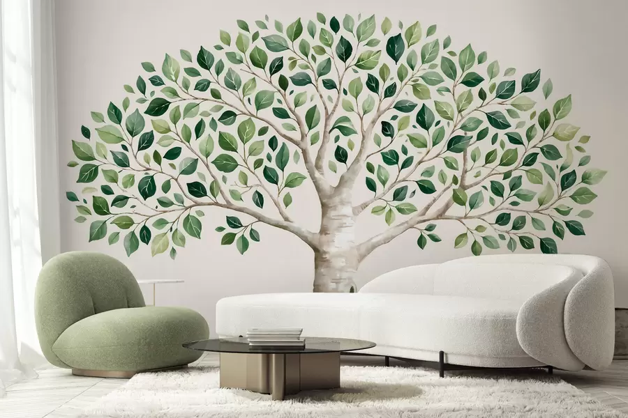 murales de pared Árbol con follaje verde, estilo acuarela, minimalista w10046