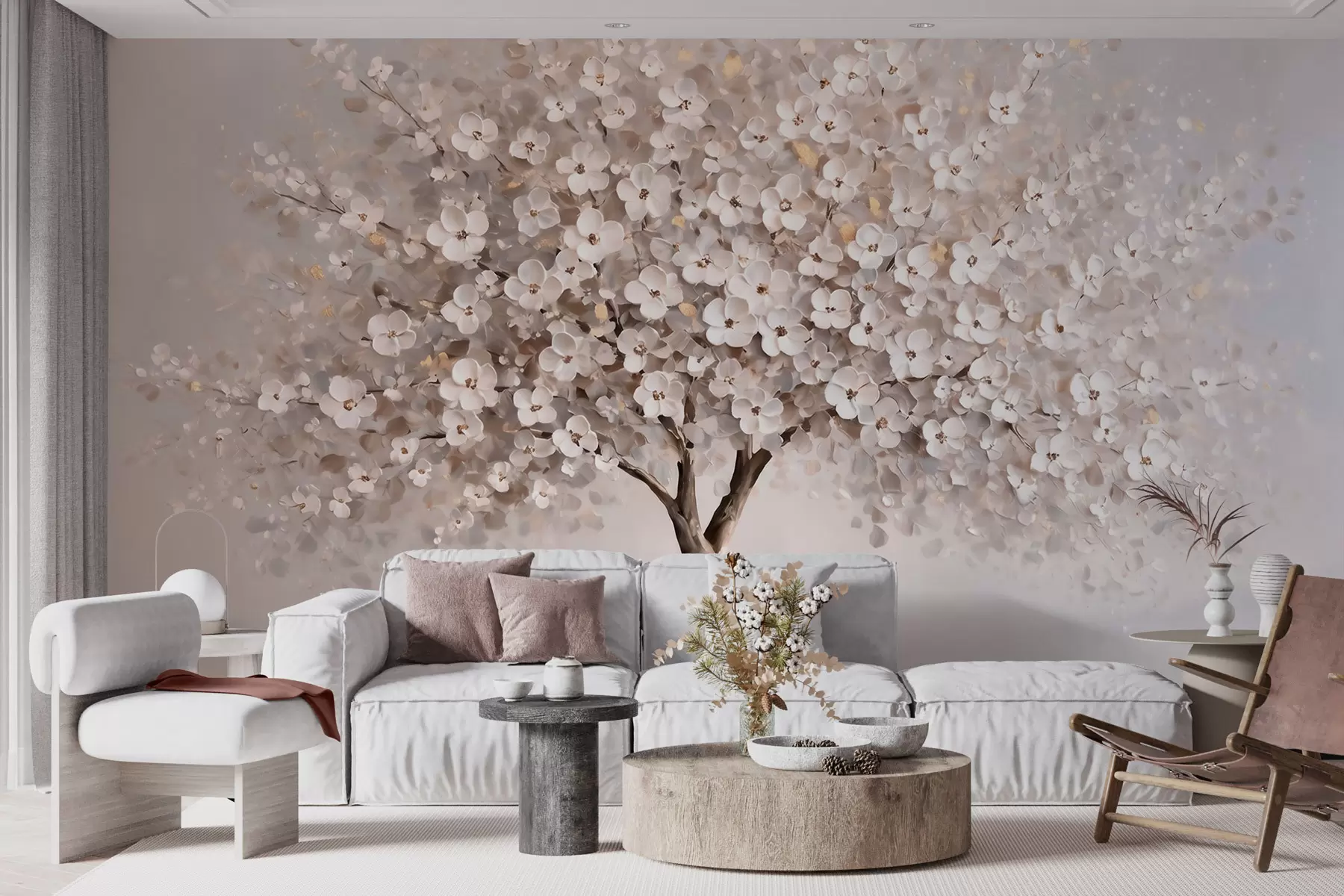 murales de pared Árbol en tonos pastel, de estilo pictórico al óleo, con pinceladas marcadas w10050