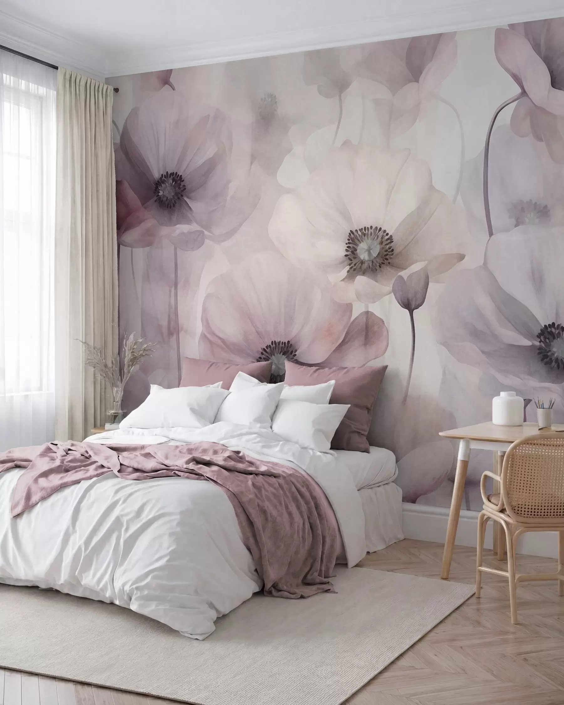 murales de pared Amapolas de color rosa pálido y blanco con pétalos delicados w10029v1