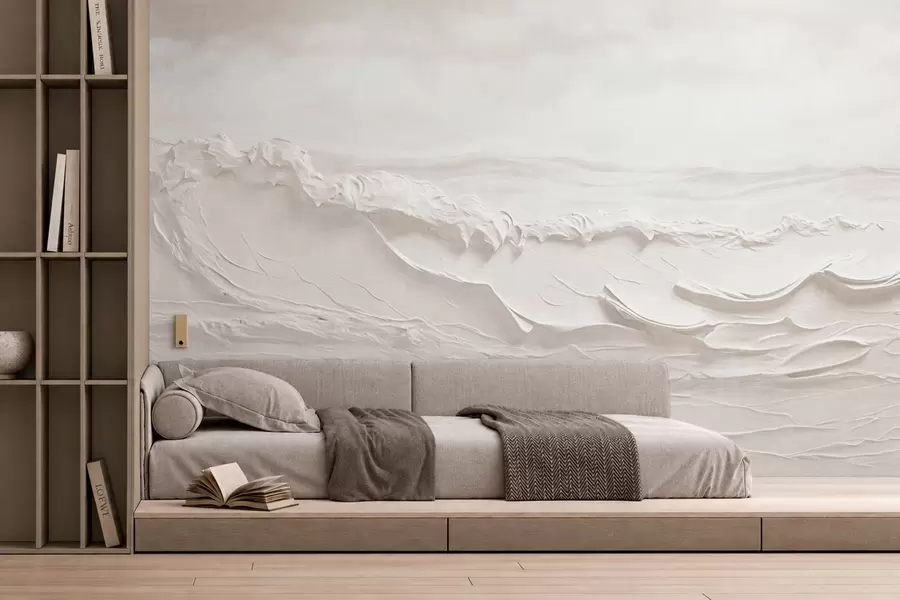 murales de pared Olas marinas en relieve en tonos neutros claros w05898v1