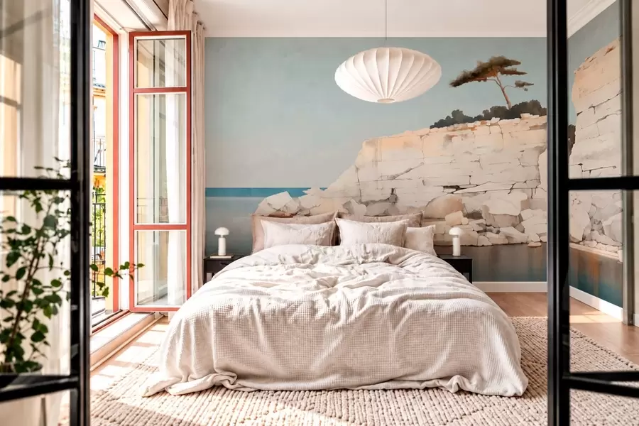 murales de pared Acantilados pálidos junto a un mar en calma, con un árbol solitario w05922