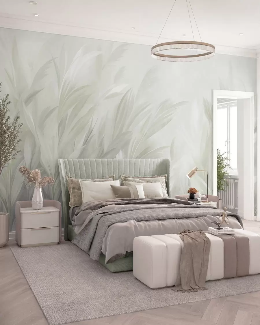 murales de pared Hierba alta y plumosa en suaves tonos verde pastel, con un fondo de textura ligera w10060v1