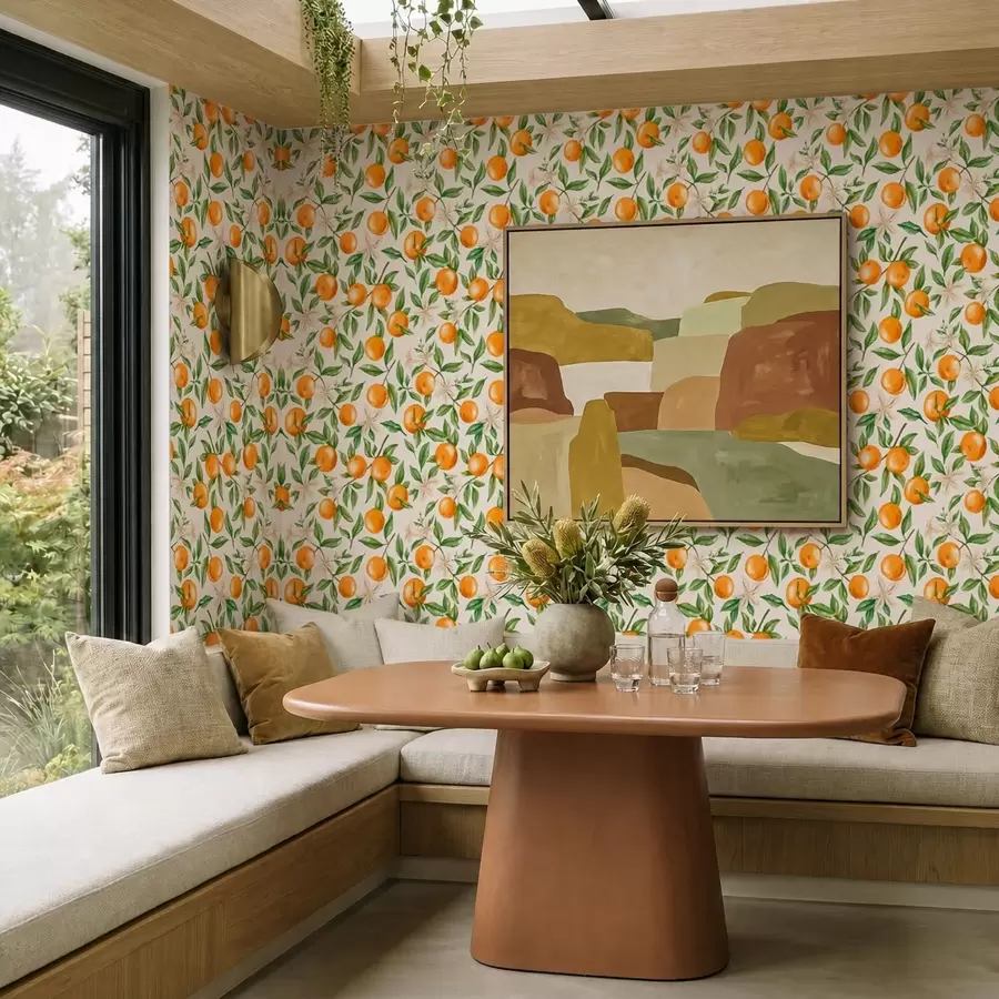 murales de pared Naranjas, hojas verdes y flores blancas sobre un fondo claro a01262v1