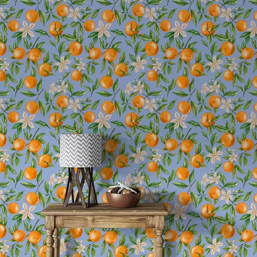 murales de pared Naranjas, hojas verdes y flores blancas sobre fondo azul a01262v2