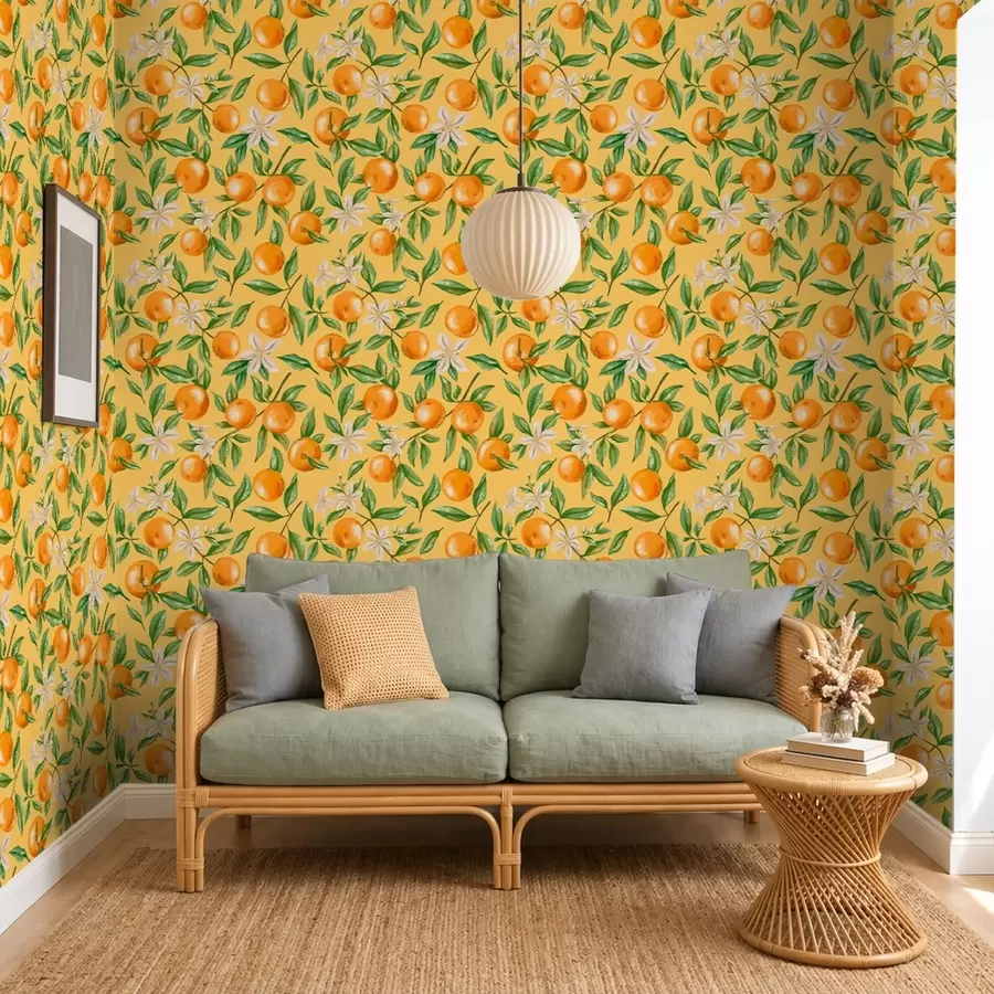 murales de pared Naranjas, hojas verdes y flores blancas sobre fondo amarillo a01262v4