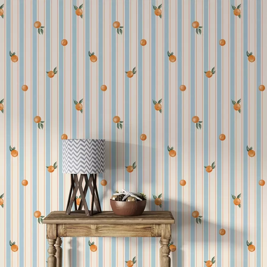 murales de pared Fruta de color naranja sobre rayas de color azul pálido y crema a01263v1