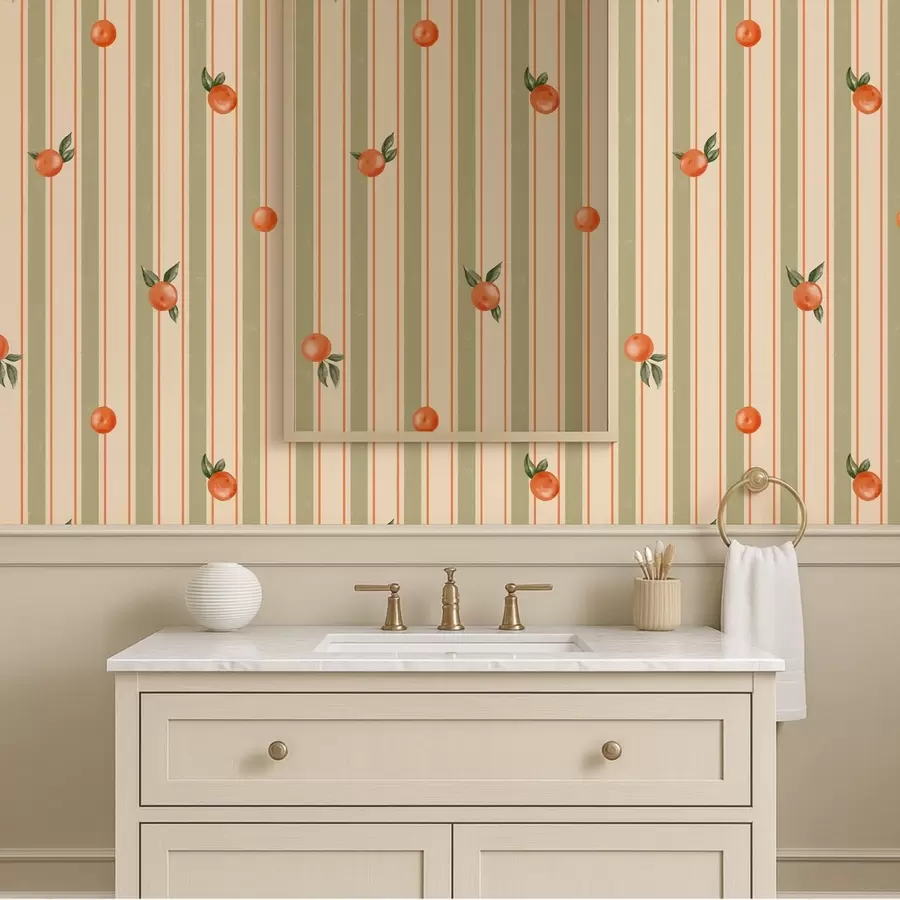 murales de pared Fruta naranja sobre rayas de color oliva y crema a01263v3